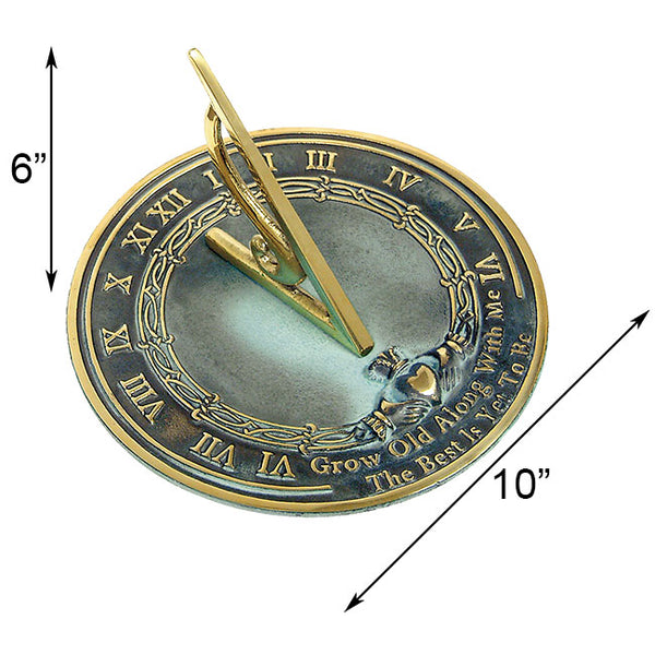 Our Polished Brass Grow Old Along WIth Me Garden and Patio Sundial has been uniquely crafted from solid brass and highlighted with a verdigris finish and polished highlights that accentuate the Roman Numerals to add depth and beauty to this sundial. Use the included hardware to mount this item on a pedestal, or place it on a flat surface.. Over all size is 10” in diameter x 6” tall