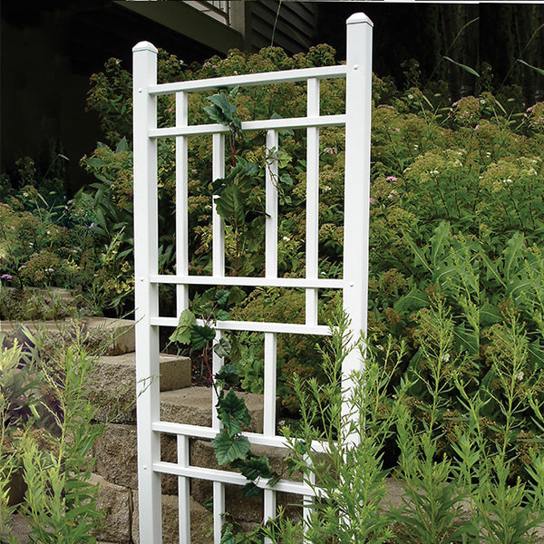 Our Pristine White Geometric Vinyl Trellis will bring bold and decorative style into your garden and support your vines and climbing plants. Made in the USA, this sturdy trellis features an angular interior pattern, perfect for creating intricate designs with vines or climbing plants. The rectangles within the trellis create a sturdy frame for any design you wish to create