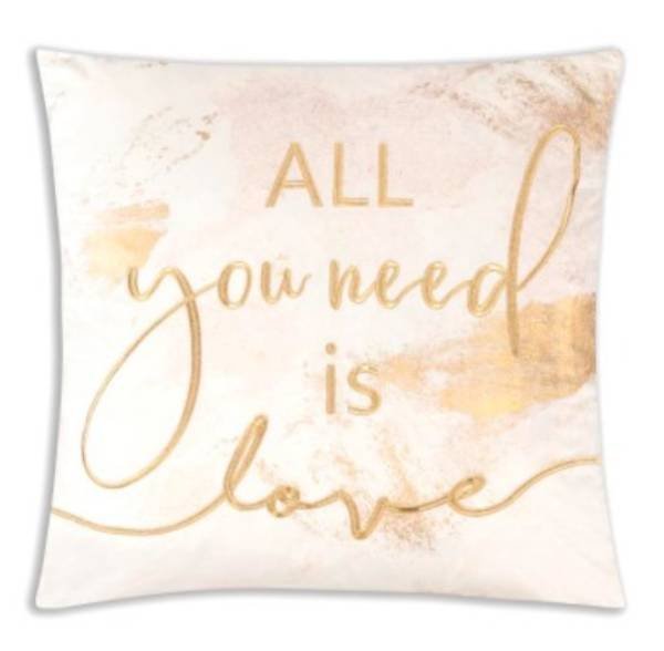 All You Need Is Love, Embellished Ivory Velvet with Gold Word Throw Pillow - inthegardenandmore.com