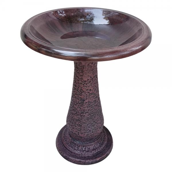 Our Antique Brown Gloss Fiber Clay Birdbath side view. inthegardenandmore.com