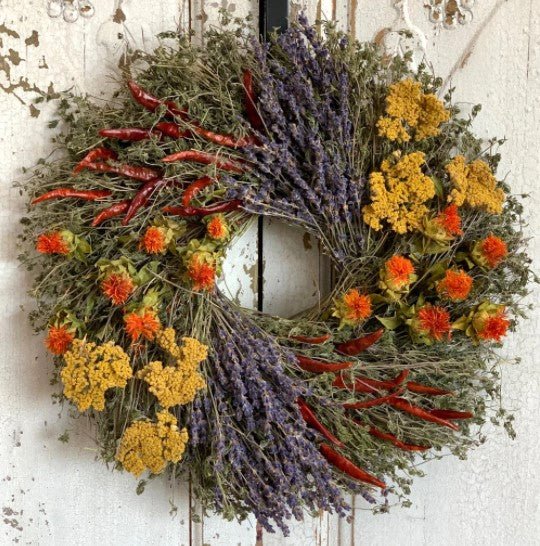 Aromatic Lavender, Chili and Safflower Preserved Wreath - 15” - inthegardenandmore.com