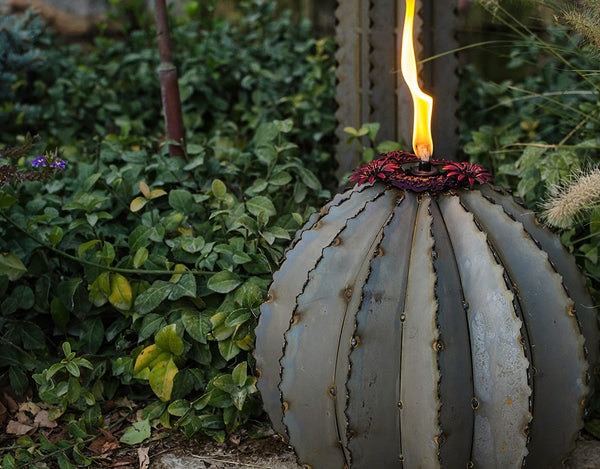 Barrel Cactus Metal Tiki Torch Yard Art Sculpture - inthegardenandmore.com