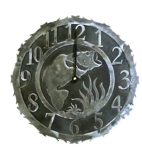 Our Bass Fish Handcrafted Rustic Metal Wall Clock is 12” in diameter and custom made to order and handcrafted in the USA.