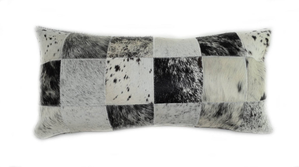 Black and White Cloudy Cowhide Patchwork Lumbar Pillow (24”x12”) - inthegardenandmore.com