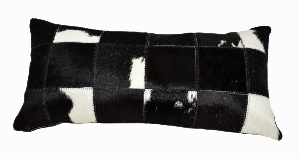 Black and White Cloudy Cowhide Patchwork Lumbar Pillow (24”x12”) - inthegardenandmore.com