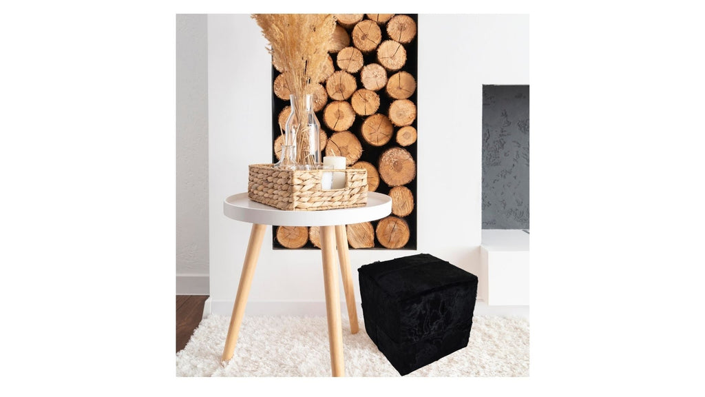 Black Dyed Cowhide Cube Pouf Stool Ottoman - inthegardenandmore.com