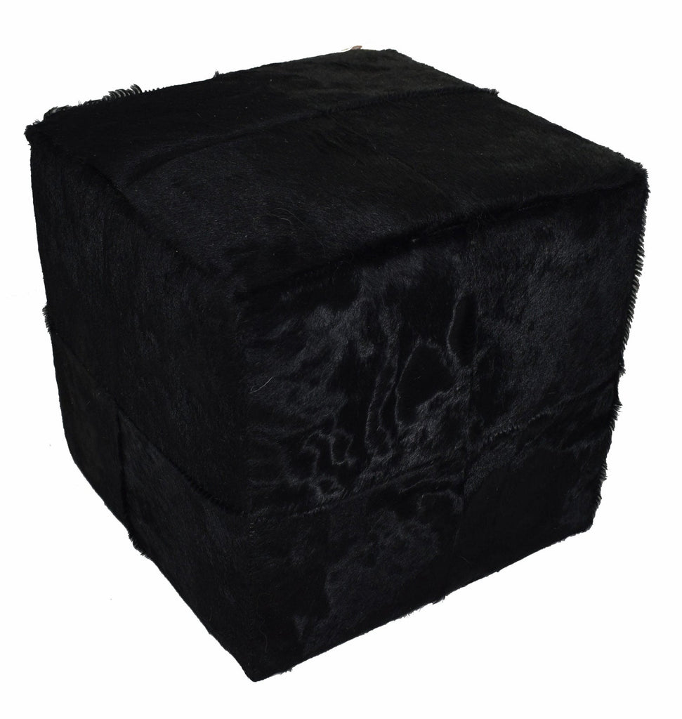 Black Dyed Cowhide Cube Pouf Stool Ottoman - inthegardenandmore.com