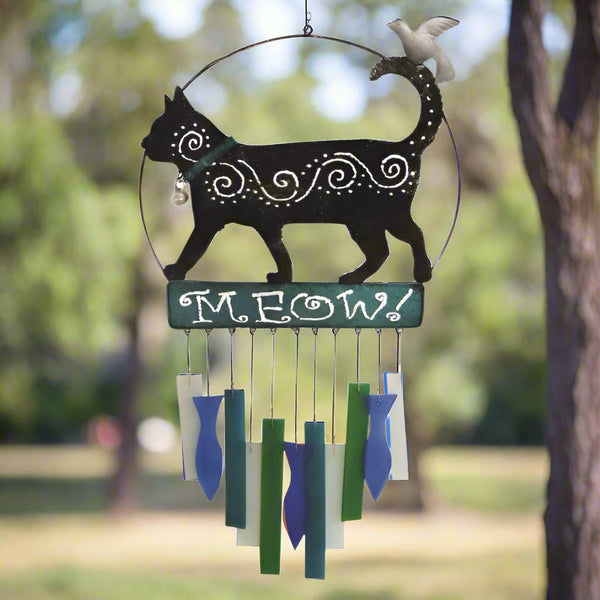 Black Kitty Glass and Metal Wind Chime Suncatcher - inthegardenandmore.com