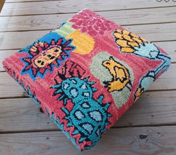 Blooming Cactus Handcrafted Hooked Wool Footstool - inthegardenandmore.com