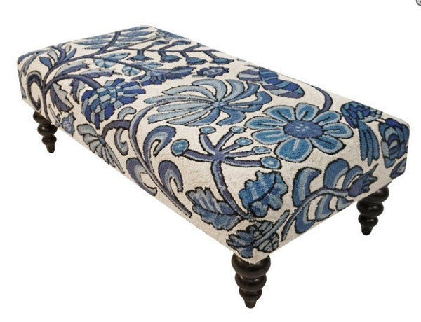 Blooming In Blue Handcrafted Hooked Wool Bench - inthegardenandmore.com