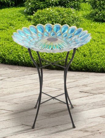 Blooming Peacock Mosaic Glass Birdbath with Solar LED Lights - inthegardenandmore.com