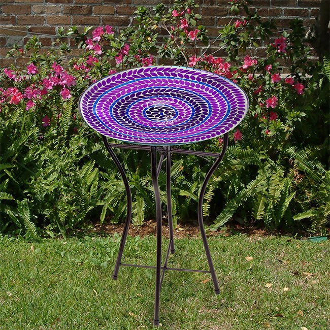 Blue Hues Mosaic Glass Birdbath with Black Metal Stand - inthegardenandmore.com