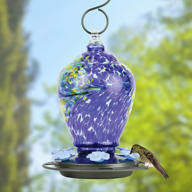 Blue Swirl Artisan Hand - Blown Glass Hummingbird Feeder - inthegardenandmore.com