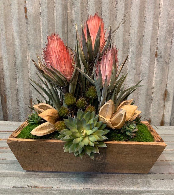 Botanical and Succulent Barnwood Dough Bowl Floral Arrangement - inthegardenandmore.com