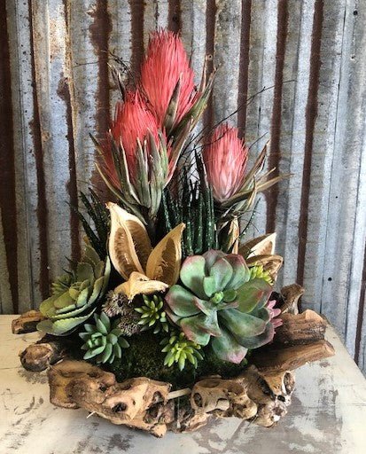 Botanical and Succulent Wood Bowl Floral Arrangement - inthegardenandmore.com