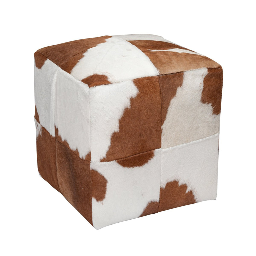 Brown and White Cloudy Cowhide Cube Pouf Stool Ottoman - inthegardenandmore.com