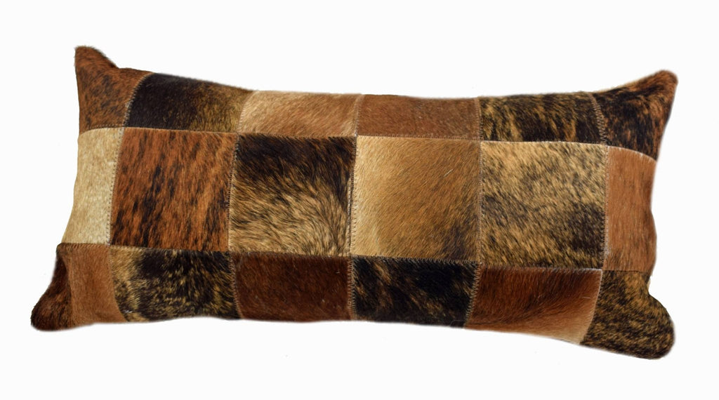 Brown and White Cloudy Cowhide Patchwork Lumbar Pillow (24”x12”) - inthegardenandmore.com