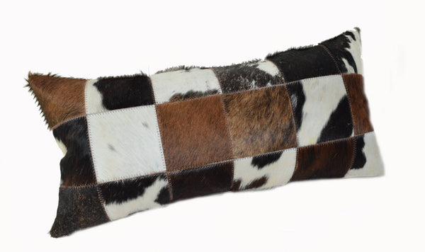 Brown Cowhide Patchwork Lumbar Pillow (24”x12”) - inthegardenandmore.com