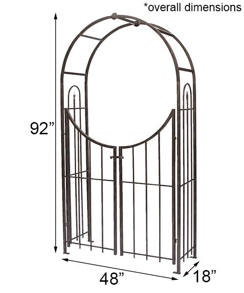 Brushed Bronze Metal Arch Topped Garden Arbor with Gate - inthegardenandmore.com