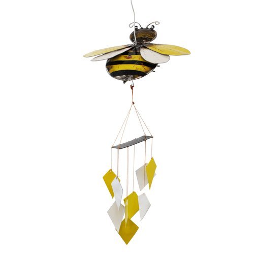 Our Bumble Bee Repurposed Metal Wind Chime has been hand crafted rom reclaimed and repurposed steel oil drums, our artisans have created this bright colored bumble bee metal wind chime, welded it together, painted it in bright yellow, black and white distressed colors and, lastly, added gracefully placed chimes below… in matching yellow and white. 