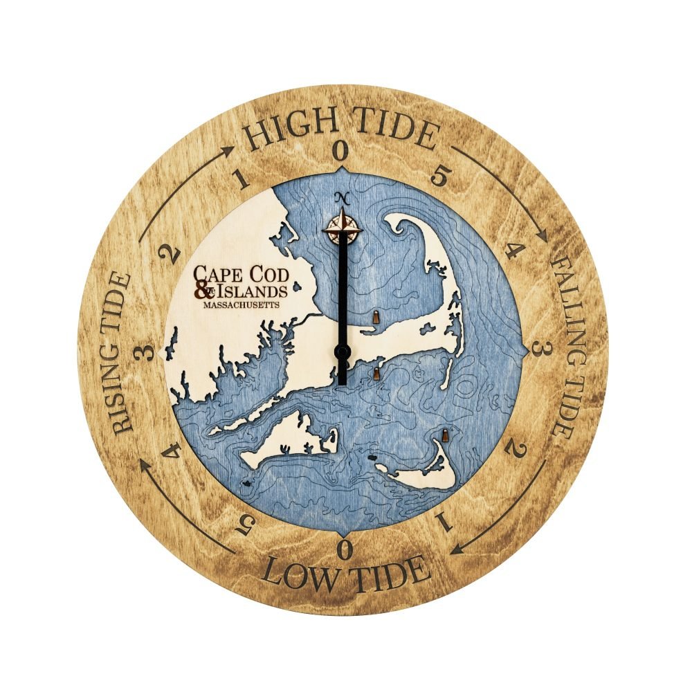 Cape Cod Nautical High Tide, Low Tide Wood Map Wall Clock with Blue Water and Golden Honey wood accent frame.