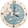 Cape Cod Nautical Wood Map Clock shown with Blue Green water color and Baltic Birch wood frame.