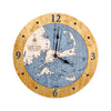 Cape Cod Nautical Wood Map Clock shown with Deep Blue water color and Golden Honey wood frame.