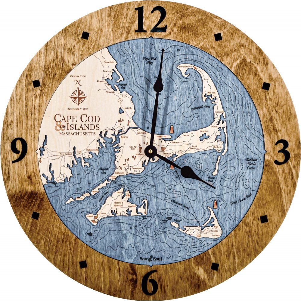 Cape Cod Nautical Wood Map Clock shown with Deep Blue water color and Warm Americana  wood frame.