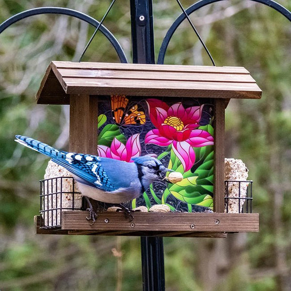 Cedar and Stained Glass Combination Hopper Feeder and Suet Feeder - inthegardenandmore.com