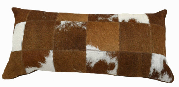 Chestnut Red and White Cowhide Patchwork Lumbar Pillow (24”x12”) - inthegardenandmore.com