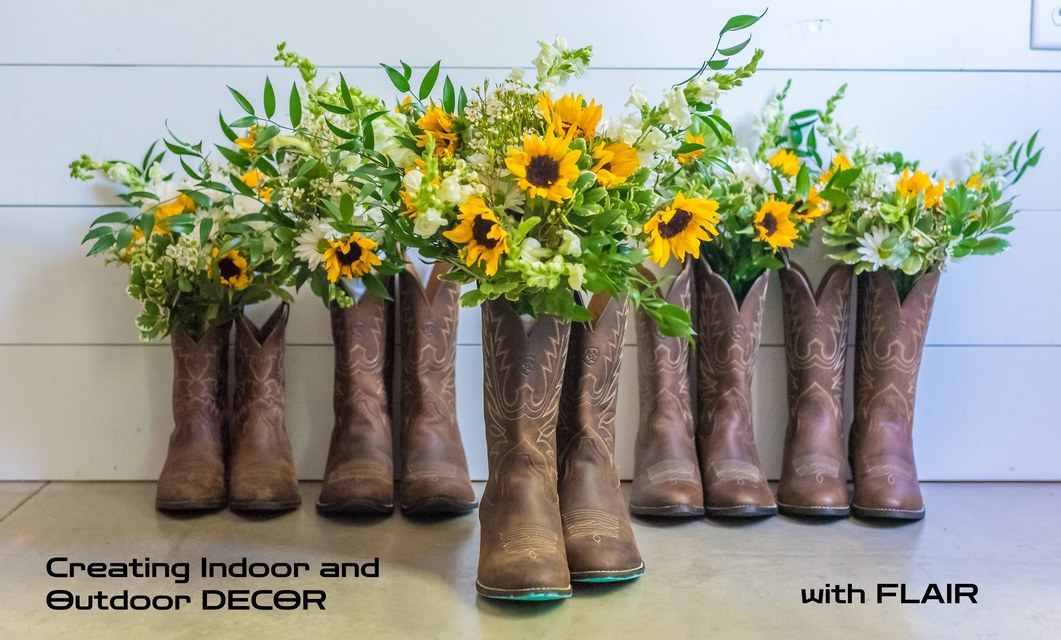 Cowboy boots used as a vase with sunflowers