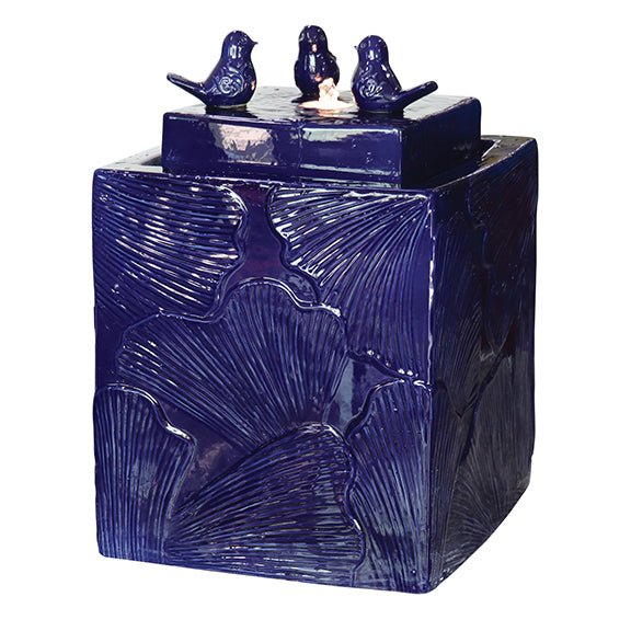 Cobalt Blue Square Ginkgo Leaf Fountain With Birds - inthegardenandmore.com