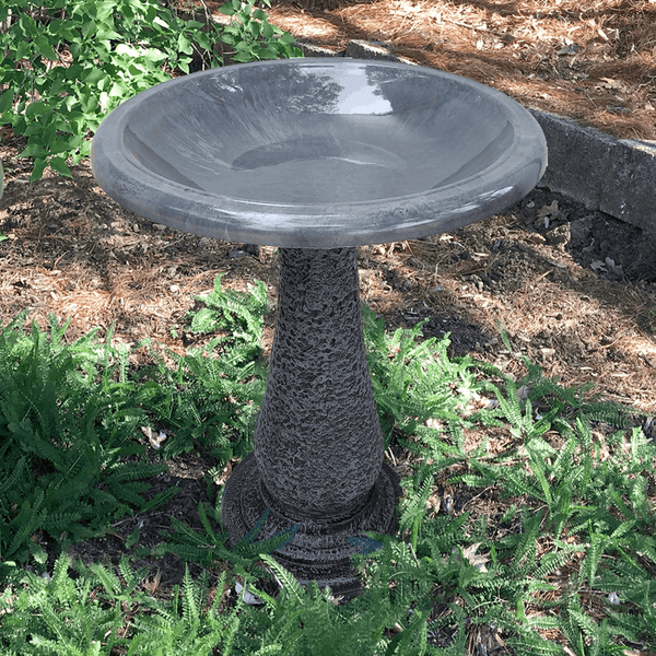 Cool Grey Gloss Fiber Clay Birdbath - inthegardenandmore.com