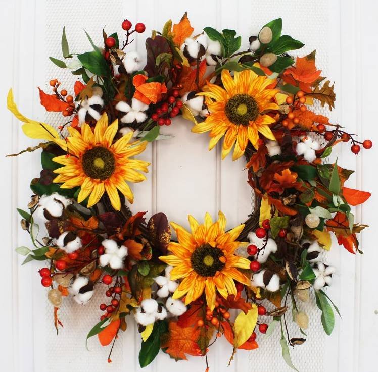 Cotton and Sunflower Fall Front Door Wreath - inthegardenandmore.com