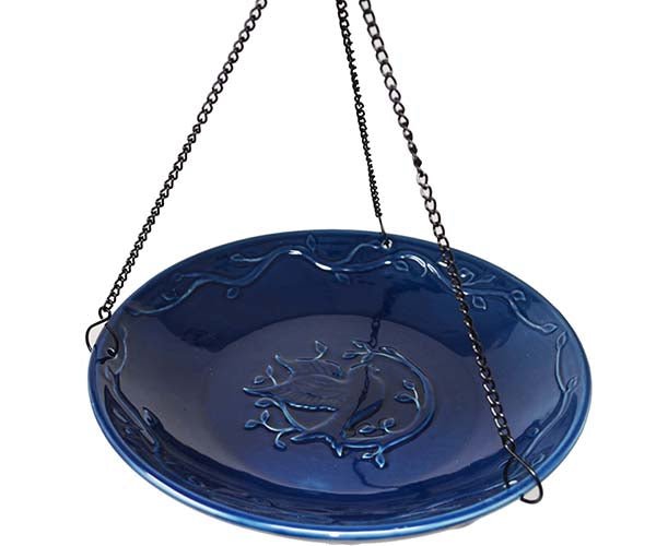 Deep Blue Bluebird Hanging Ceramic Birdbath / Birdfeeder - inthegardenandmore.com