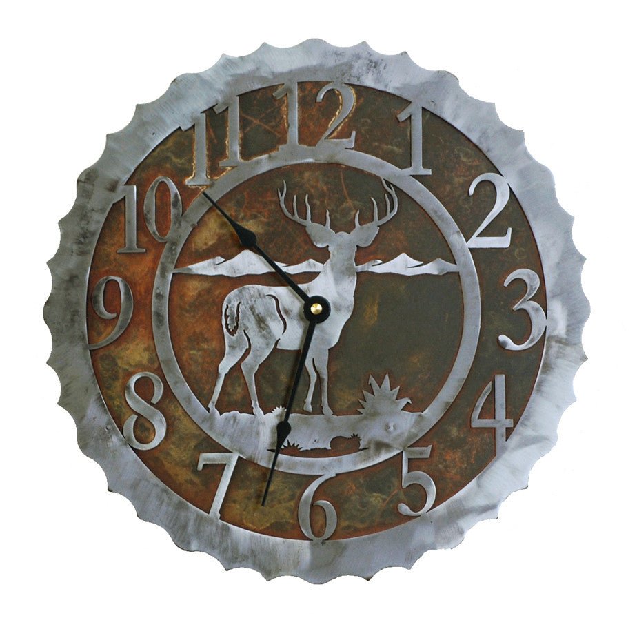 Our Deer Handcrafted Rustic Metal Wall Clock - 12" - is shown in our two-tone finish .inthegardenandmore.com