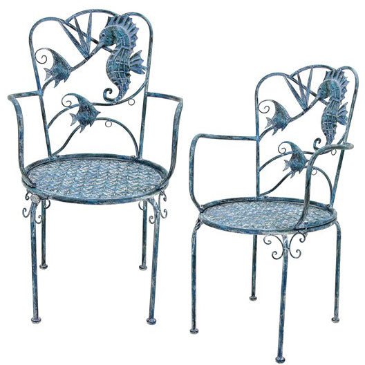 Distressed Blue Seahorse Metal Arm Chairs – set of 2 - inthegardenandmore.com