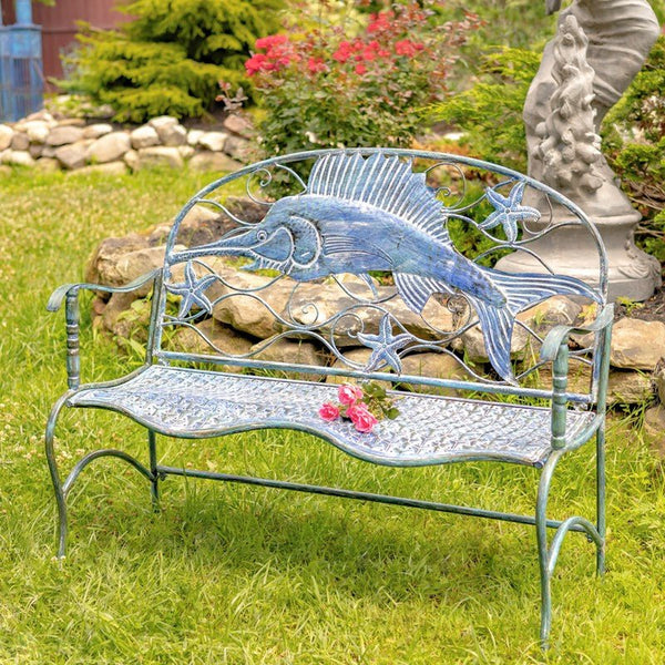 Distressed Blue Swordfish Metal Garden Bench - inthegardenandmore.com