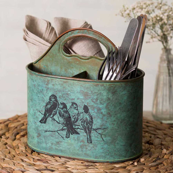 Distressed Teal Blue Metal Songbirds Caddy - inthegardenandmore.com