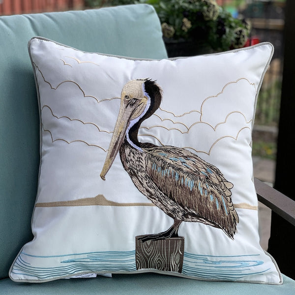 Dockside Pelican Embroidered Indoor Outdoor Pillow – 20” - inthegardenandmore.com