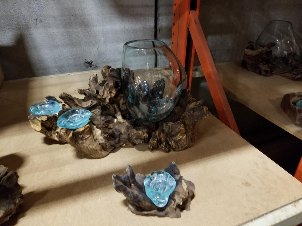 Double Hand Blown Molten Glass Candle Holder and Wood Root Sculpture - inthegardenandmore.com