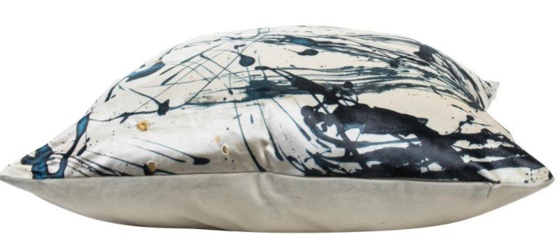 Embellished Ivory Velvet and Blue Printed Ink Spots Embroidered Throw Pillows - inthegardenandmore.com