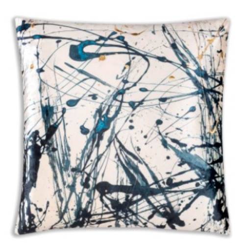 Embellished Ivory Velvet and Blue Printed Ink Spots Embroidered Throw Pillows - inthegardenandmore.com