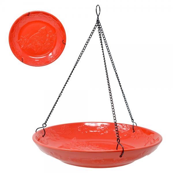 Embossed Red Ceramic Cardinal Hanging Birdbath / Birdfeeder - inthegardenandmore.com