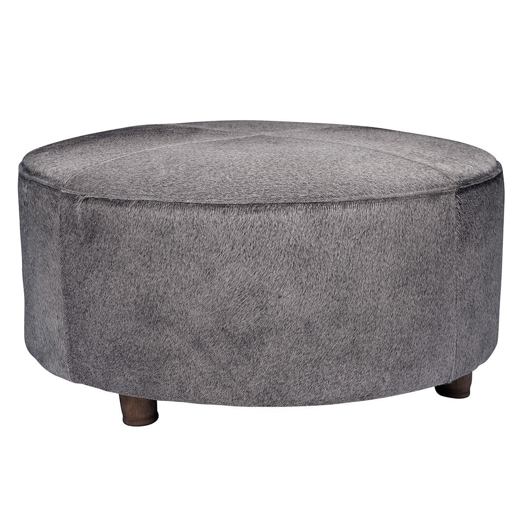 Exotic Brindle Mid Century Cowhide Ottoman - 39" Round - inthegardenandmore.com