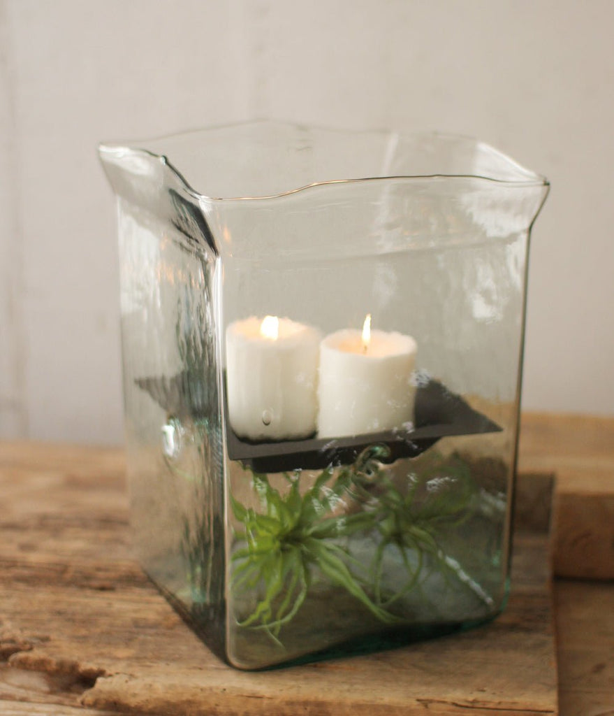 Extra Large Square Recycled Glass Hurricane Fillable Candle Holder Vase Terrarium - inthegardenandmore.com