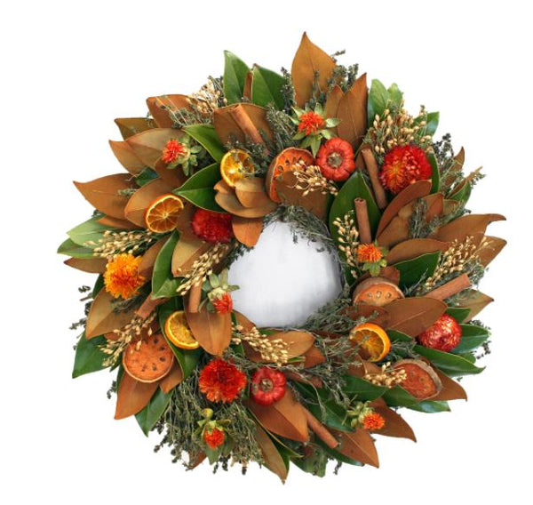 Farm Fresh Magnolia and Quince Fall Inspired Wreath – 20” - inthegardenandmore.com