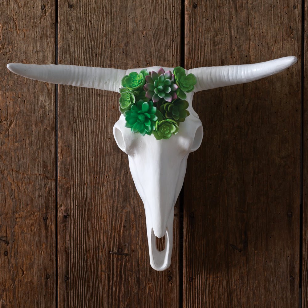 Faux Longhorn Skull with Succulents Wall Art - inthegardenandmore.com