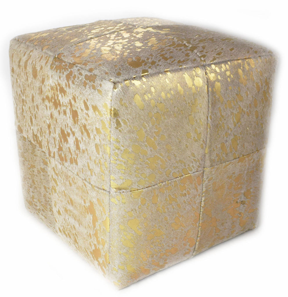 Gold Acid Wash Designer Cowhide Cube Pouf Stool Ottoman - inthegardenandmore.com