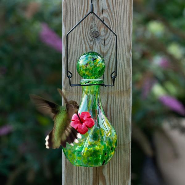 Green Handblown Glass Solar LED Luminating Hummingbird Feeder - inthegardenandmore.com